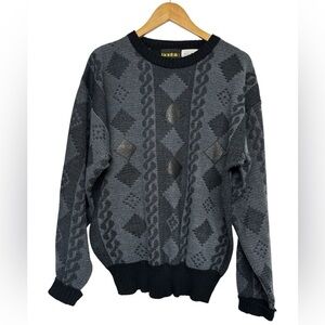 Vintage Nordic Sweater Geometric Knit 80s 90s Black Gray XL